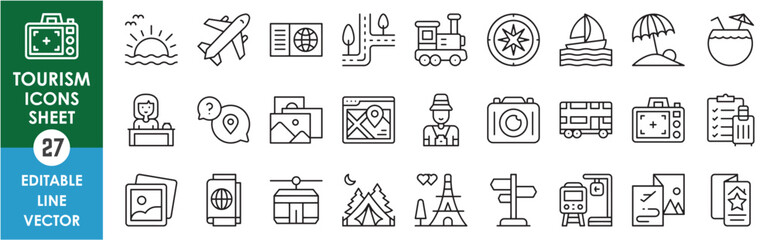 A set of line icons related to tourism and travel. Travel, tourism, tourist, camera, hiking, visit, maps, bus, luggage and so on. Vector outline icons set.