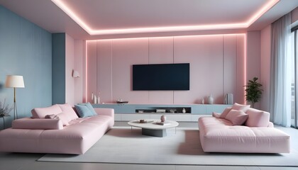 High end modern living room with white leather couch and a large flat screen tv mounted on the wall, brutalist architecture mixed with modern futuristic minimal design