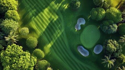 Aerial view of a beautifully designed golf course, showcasing its lush green layout.