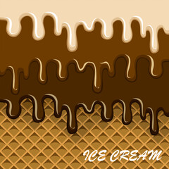 Waffle background with ice cream drips.Multicolored ice cream drips on waffle background in vector illustration.