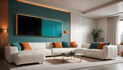 High end modern living room with white leather couch and a large flat screen tv mounted on the wall, brutalist architecture mixed with modern futuristic minimal design