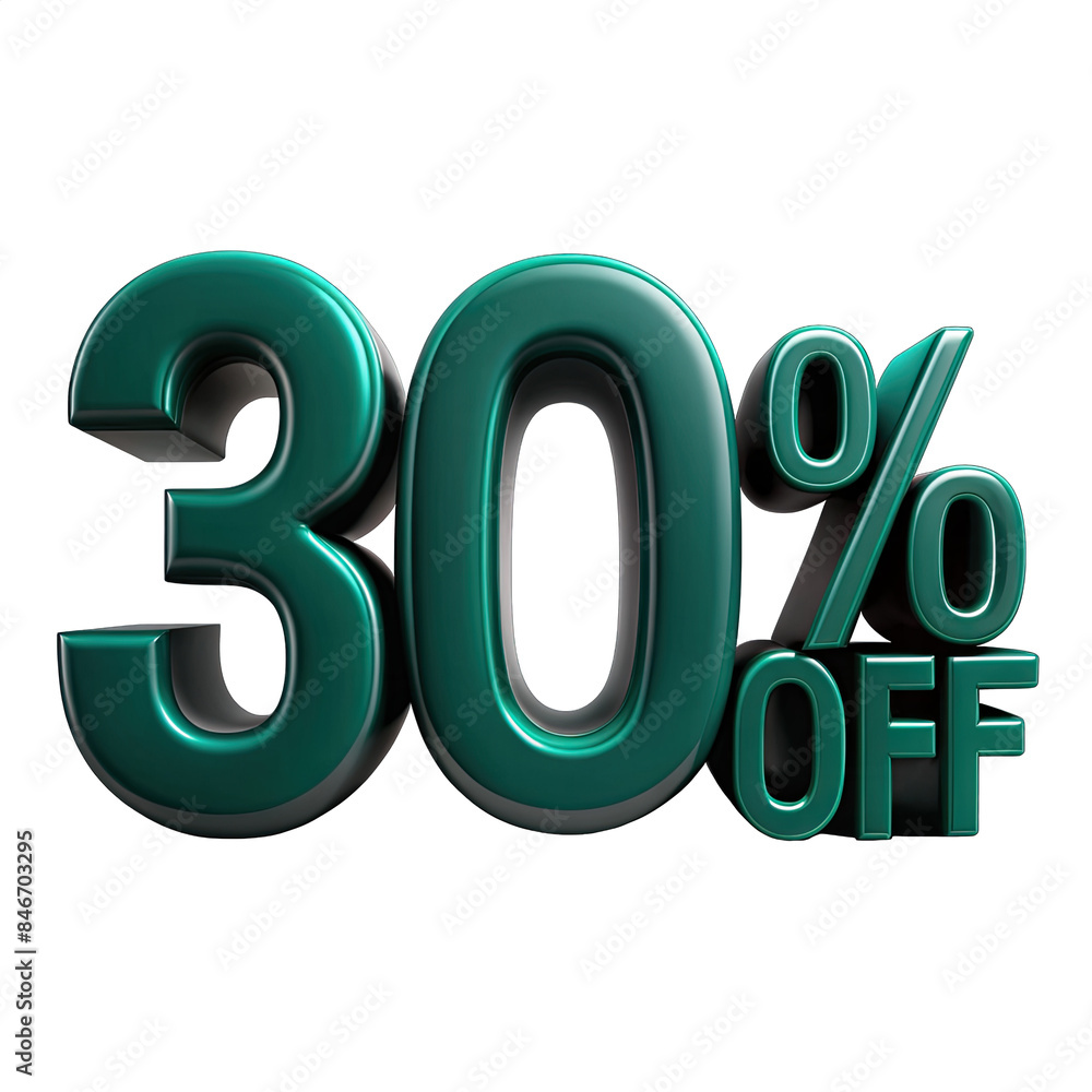 Poster a 3d rendering of the text 30 percent off in a vibrant green color, isolated against a white backgro