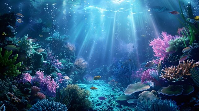 Beautiful underwater scenery with various types of fish and coral reefs Generative AI