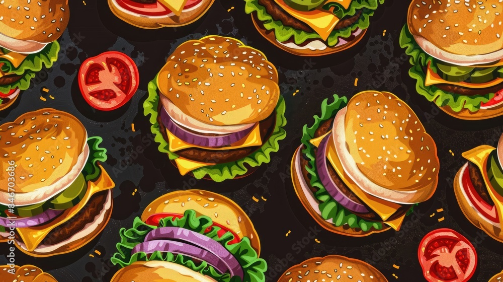 Poster a vibrant and delicious array of colorful burgers adorns a seamless pattern set against a dark backg