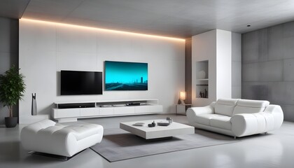 High end modern living room with white leather couch and a large flat screen tv mounted on the wall, brutalist architecture mixed with modern futuristic minimal design