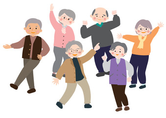 楽しそうに踊るアクティブシニアのベクターイラスト