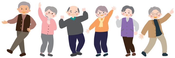 横並びで元気に踊るシニアのベクターイラスト
