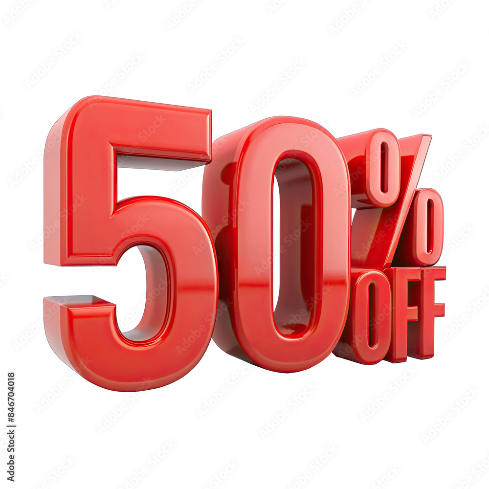 Poster a 3d rendering of the text 50 percent off in bold, red letters, isolated on a white background. gene