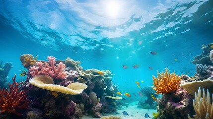 Beautiful underwater scenery with various types of fish and coral reefs Generative AI