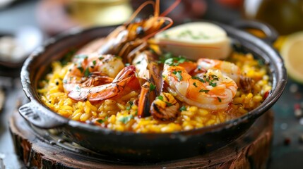A seafood risotto dish with creamy Arborio rice, mixed seafood, saffron, and Parmesan cheese.