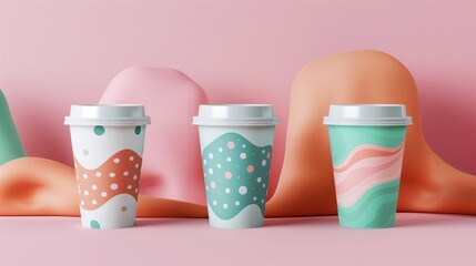 Three coffee cups mockup with pastel wavy and polka dot patterns. Coffeecups template advertising image. Whimsical and vibrant scene. Takeout disposable mock up product photorealistic