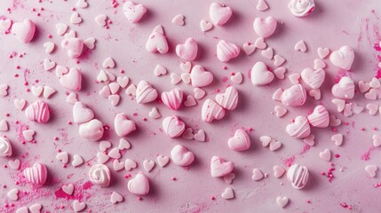 Obraz premium Pink hearts and candies scattered on a soft pastel background