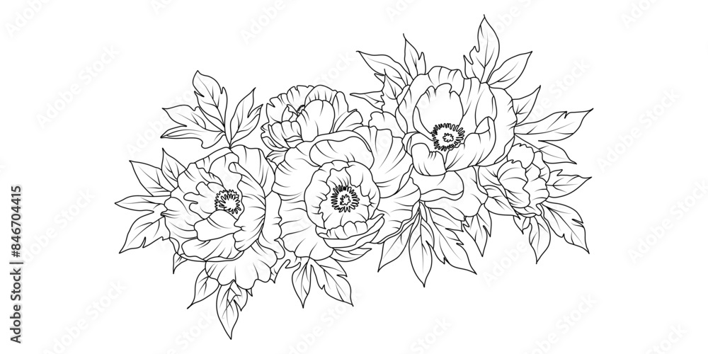 Wall mural Peony flower arrangement line art on white background. Silhouette botanical hand drawn element for wedding, invitation frame design, vector illustration