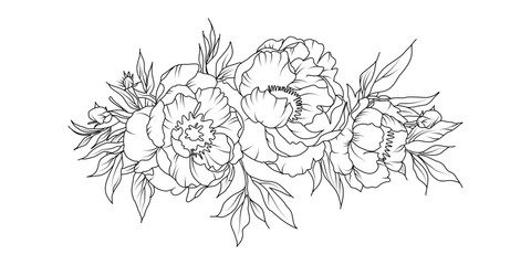 Peony flower arrangement line art on white background. Silhouette botanical hand drawn element for wedding, invitation frame design, vector illustration © abcvector