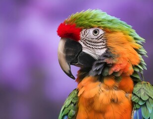 Obraz premium multicolored parrot with a detailed red beak against a soft-focus purple background, embodying the essence of tropical wildlife.