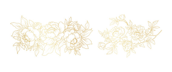 Golden peony flowers line art isolated on white background. Luxury floral design elements for invitation, wedding, wallpaper, print template, vector illustration