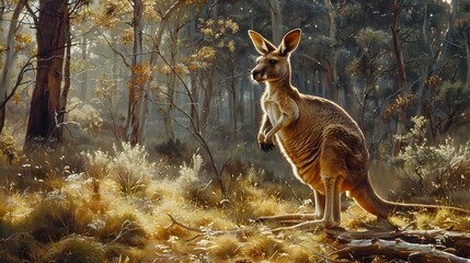 Fototapeta premium Majestic Kangaroo Carrying a Pitcher Through the Lush Fir Forest