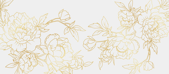 Luxury gold peony flowers background. Floral pattern tropical in line art style for greeting, invitation, wedding card, wall art, wallpaper and print. Vector illustration
