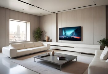 High end modern living room with white leather couch and a large flat screen tv mounted on the wall, brutalist architecture mixed with modern futuristic minimal design