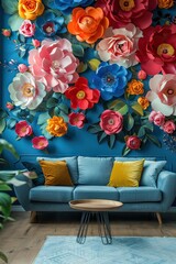 Modern vivid home interior design with colorful sofa and pillows, fresh green plants and artificial flowers on the wall