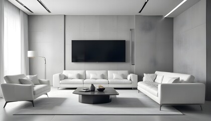 High end modern living room with white leather couch and a large flat screen tv mounted on the wall, brutalist architecture mixed with modern futuristic minimal design