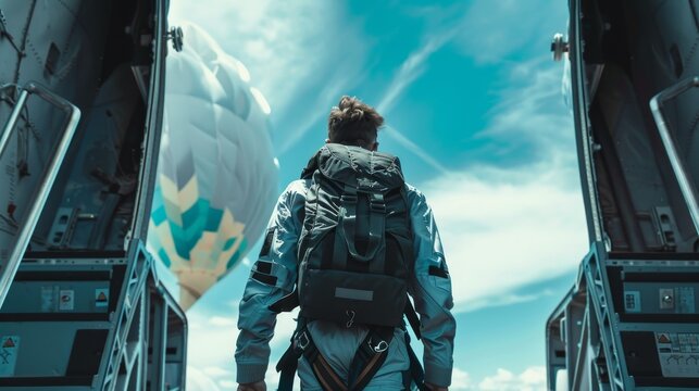 A man in a space suit stands in front of an airplane with a hot air balloon in the background