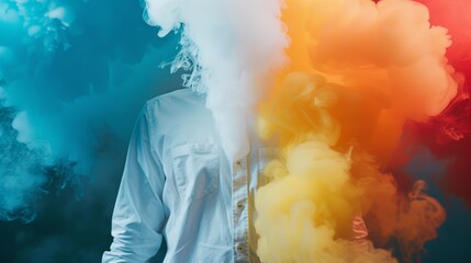Mysterious adult enveloped in vibrant colored smoke