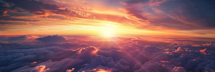 Fototapeta premium The sky is filled with clouds and the sun is setting. The sky is a beautiful mix of orange and pink hues