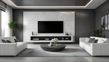 High end modern living room with white leather couch and a large flat screen tv mounted on the wall, brutalist architecture mixed with modern futuristic minimal design