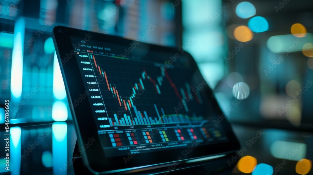 Fototapete a tablet displaying stock market indices and benchmark performance charts, for comparative analysis.