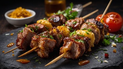 Grilled Skewered Meat with Pineapple