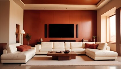 High end modern living room with white leather couch and a large flat screen tv mounted on the wall, brutalist architecture mixed with modern futuristic minimal design