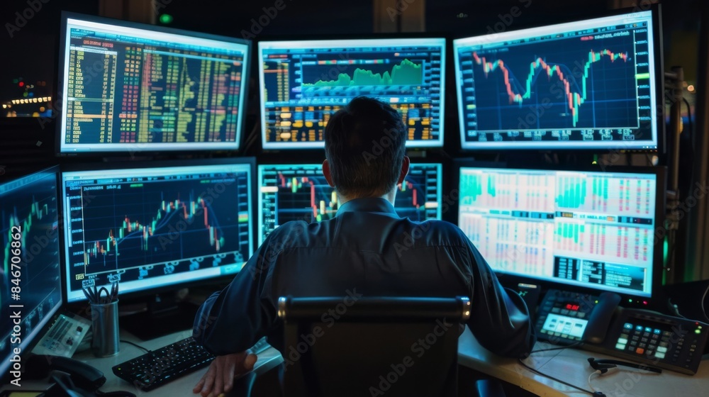 Leinwandbilder A trader monitoring stock market trends on multiple computer screens, with charts and graphs displayed for analysis.
