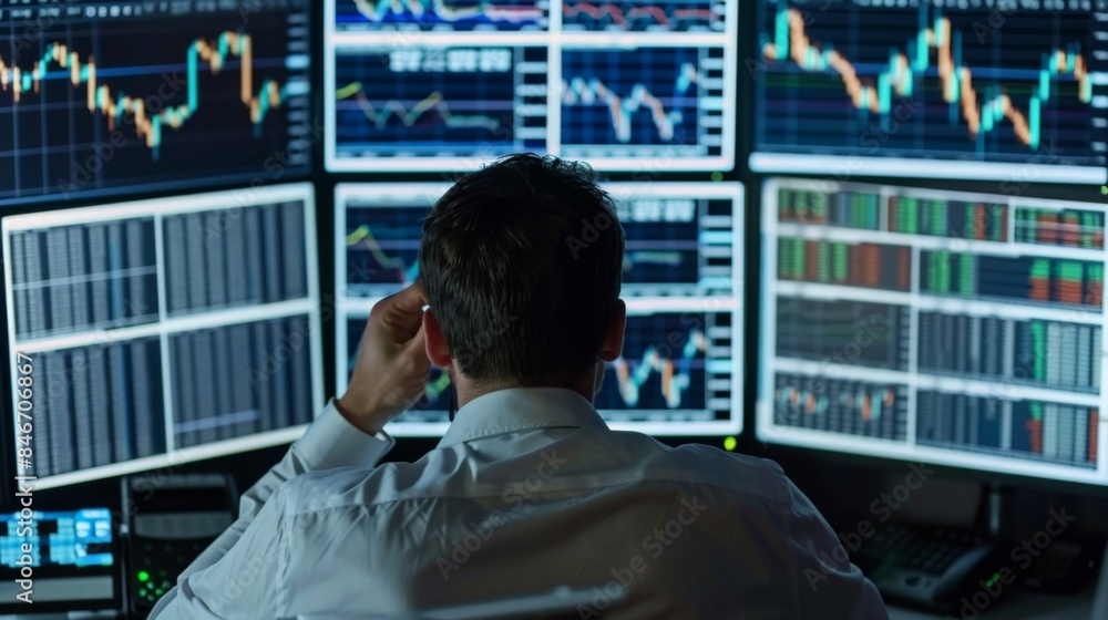 Leinwandbilder A trader monitoring stock market trends on multiple computer screens, with charts and graphs displayed for analysis.