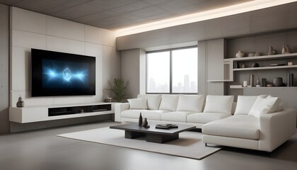 High end modern living room with white leather couch and a large flat screen tv mounted on the wall, brutalist architecture mixed with modern futuristic minimal design