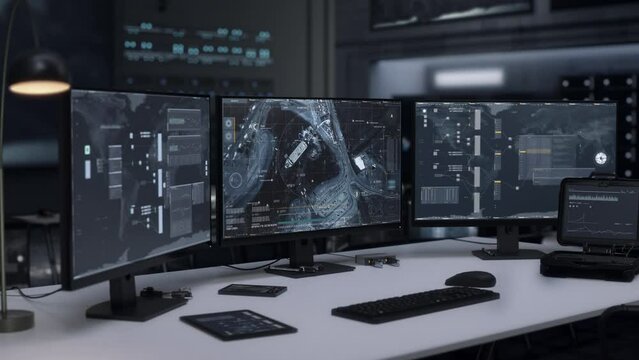 Satellite scan spying technology searching for the target location. Satellite scan spying software examining the selected area. Modern Satellite scan spying program UI identifying enemy ship position.