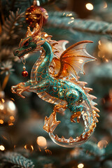 Fototapeta premium The clear glass Dragon like a New Year's toy, made of shiny plastic hanging on a real green Christmas tree