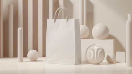 Beige shopping bag mockup with handles amidst geometric shapes. Eco friendly product package template advertising image. Simplicity, sophistication. Giftbag branding mock up realistic