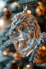 The glass lion like a New Year's toy hanging on a Christmas tree
