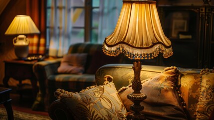 A vintage lamp with a decorative lampshade, casting a warm and nostalgic glow in a cozy living room setting