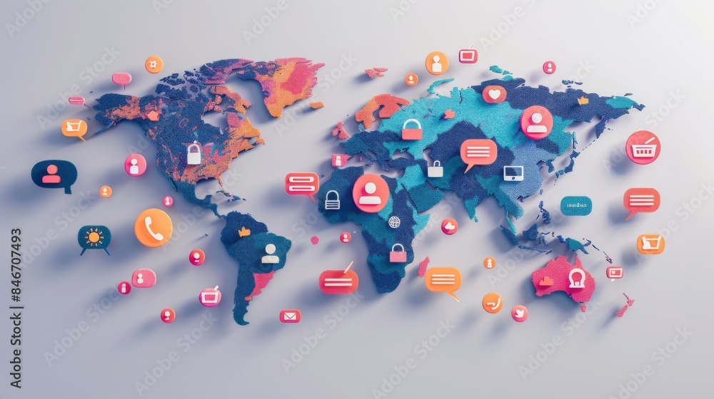 Aufkleber a world map overlaid with communication icons like speech bubbles and video call symbols, representi