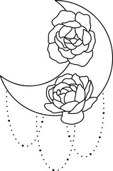 Moon with peonies, line minimalistic boho art 