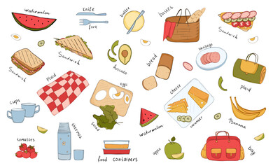 Picnic food and drink. Big set of elements for a picnic in nature or in the park. Doodle style. Hand drawing. Vector