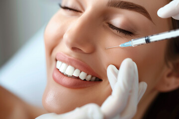 Close-up of the face and upper body of an attractive woman smiling, with wrinkles on one side of her smile treated Botox style with a syringe on the skin of her lower lip