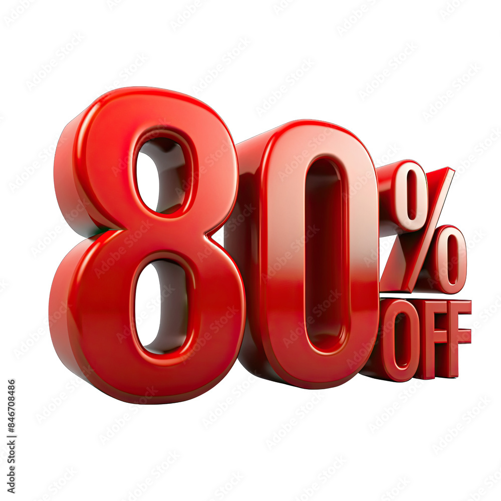 Aufkleber a 3d rendering of the words 80 percent off in bold, red letters. the letters are glossy and have a s