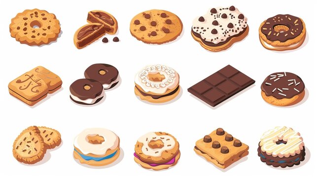 Isometric illustrations of various cookies on a white background, including tasty cookies, oatmeal cookies, and chocolate sandwich cookies