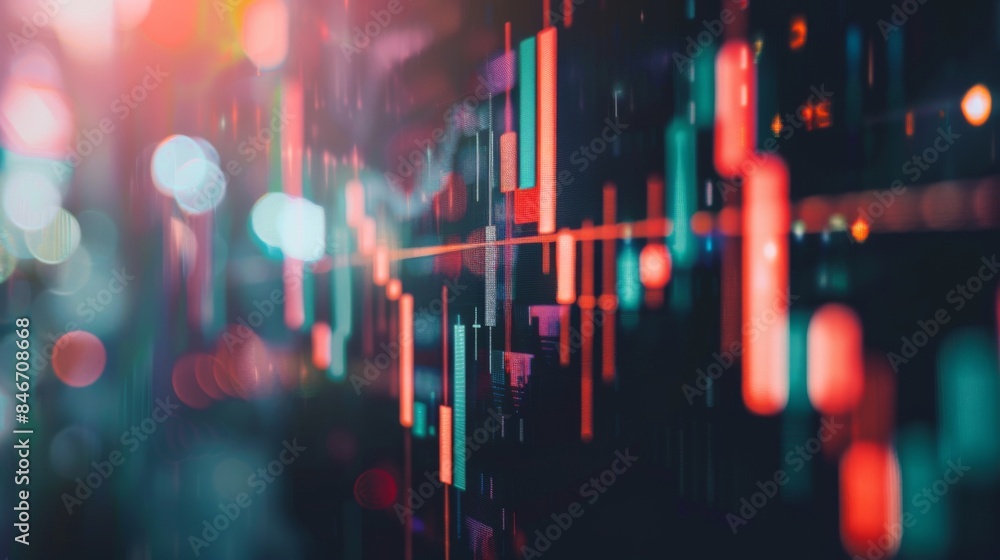 Poster close-up of a candlestick chart displaying stock market data, with indicators of price movement and 
