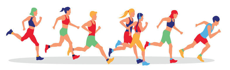 Set of colorful bright cartoon characters, running people. Healthy lifestyle. Lose weight. Sports, running, training, jogging, marathon, city competitions, marathons, cardio training, physical exercis