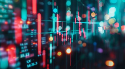 Obraz premium Close-up of a candlestick chart displaying stock market data, with indicators of price movement and volume