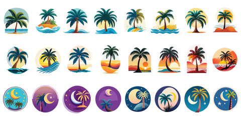Palm Trees Morning, Day, Sunset, Sunrise and Night Illustrations Vector Pack - Perfect for Beach Bars and Summer Vacation Businesses